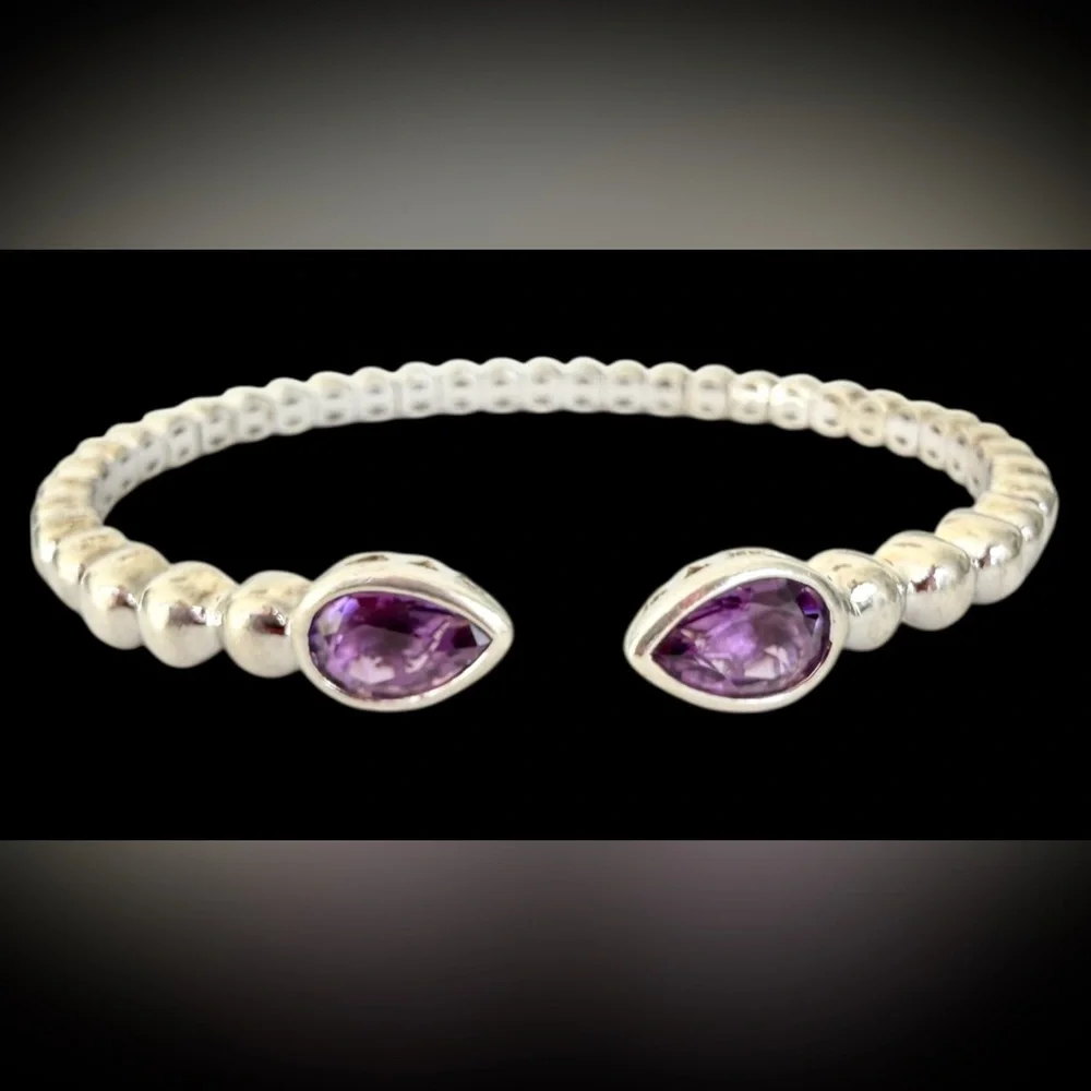Sterling Silver Bracelet Gabriel & Co Bujukan Pear Shape Amethyst Split Bangle - Picture 5 of 9